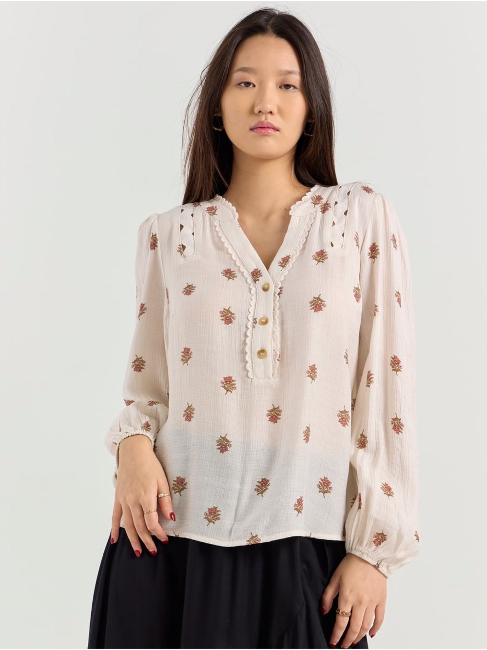 Mine Cream Floral Button-Front Peasant Blouse lightweight